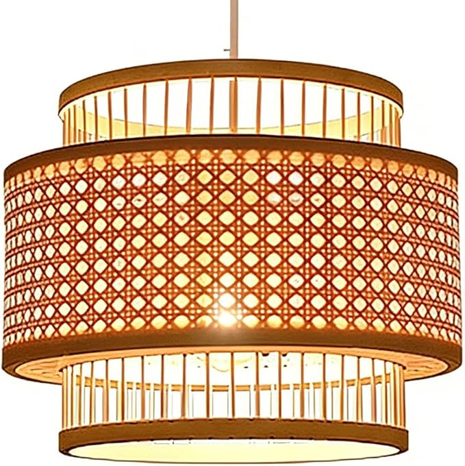 Double Layer Bamboo Pendant Light, Handwoven Japanese Zen Wabi Sabi Hanging Lamp, Natural Chandelier,Country-Style Dining Room LightFixture for Tea Room Guesthouse Living Room