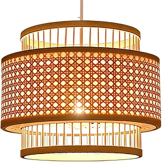 Double Layer Bamboo Pendant Light, Handwoven Japanese Zen Wabi Sabi Hanging Lamp, Natural Chandelier,Country-Style Dining Room LightFixture for Tea Room Guesthouse Living Room