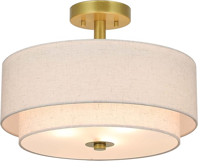 XiNBEi Lighting 3 Light Semi Flush Mount Light, Close to Ceiling Light Fixture with Fabric Shade Retro Gold Brass 16 inch Semi Flush Drum Light for Bedroom & Living Room XB-SF1289-GB - Aura Lighting