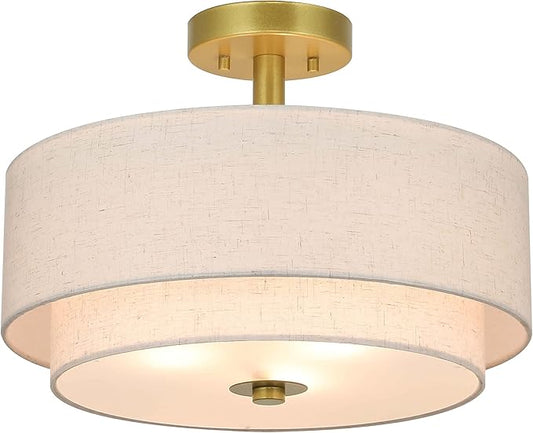 XiNBEi Lighting 3 Light Semi Flush Mount Light, Close to Ceiling Light Fixture with Fabric Shade Retro Gold Brass 16 inch Semi Flush Drum Light for Bedroom & Living Room XB-SF1289-GB - Aura Lighting