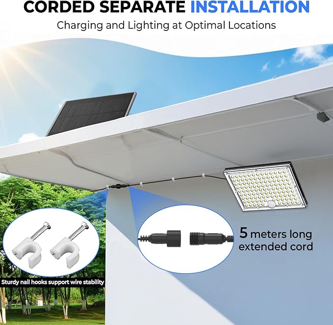 Outdoor Solar Lights,113 Powerful LED Lenses with 9000k Cool White Light, Solar Security Lights Indoor 5 Meters Long Wire, Works Upto 24 HR on Mode 3, Comes with 2 Year Warranty. - Aura Lighting