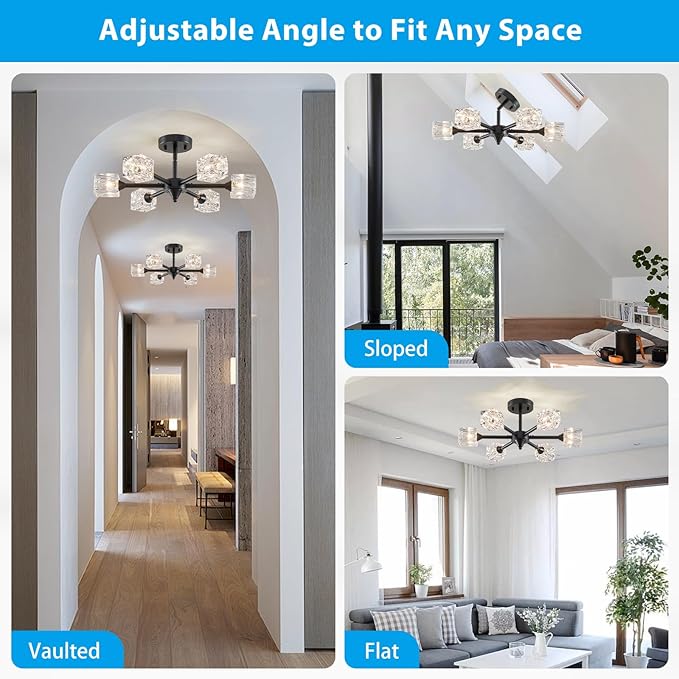 XINGQI Black Chandelier 6-Light 20" Semi Flush Mount Ceiling Light Fixture Modern Round Sputnik Chandelier for Bedroom Entryway Dining Room Living Room - Aura Lighting