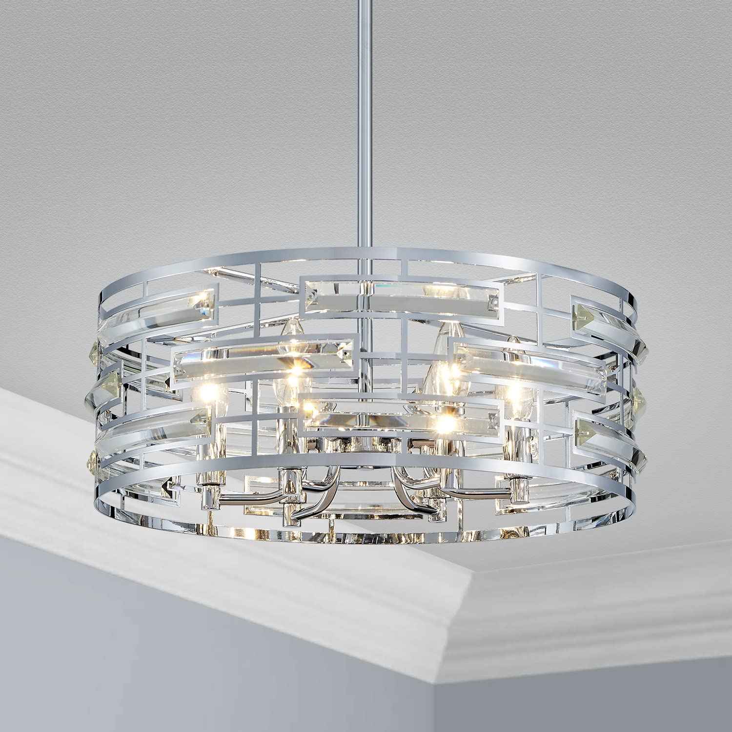 Saint Mossi Modern K9 Crystal Chandeliers, Drum Pedant Light Fixture for Living Space, D18 x H24, Adjustable Chains 59", Chrome Finish Metal Frame
