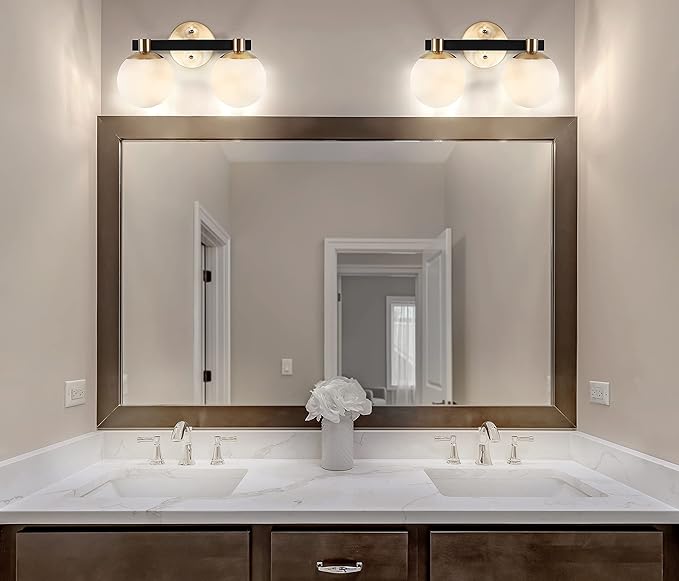 JONATHAN Y 5.75" Brass Gold/Black Modern Globe LED Vanity Wall Sconce Light, White Frosted Glass Shade, Mid-Century Art Deco Wall Lamp for Bathroom, Kitchen, Hallway (JYL3541A)