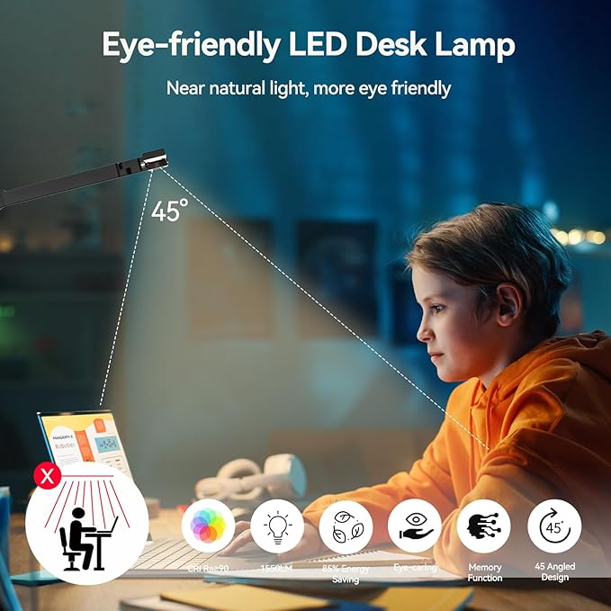 LED Architect Desk Lamp with Clamp - 24W Ultra Bright Adjustable Swing Arm Light for Home Office, 3000 Lumen Auto Dimming Computer Lamp with Stepless Touch Control, Rotatable for Video Calls, Drafting - Aura Lighting