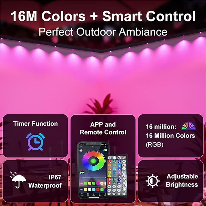 65.6FT Permanent Outdoor RGB Lights,IP67 Waterproof Smart LED Eaves Lights with App/Remote Control,for Christmas and All Holiday Decor,Daily and Accent Lighting,House Roof and Garden Lighting