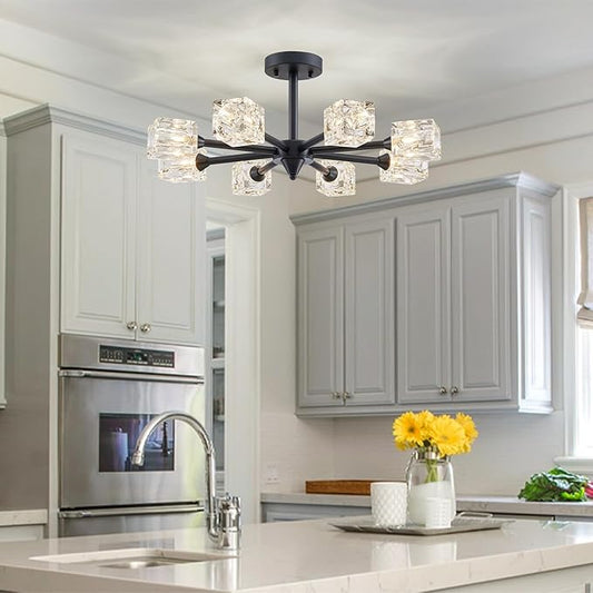 XINGQI 8 Lights Ceiling Light Fixture Farmhouse Semi Flush Mount Ceiling Light Industrial Black Glass Sputnik Chandelier for Bedroom Hallway Dining Room Powder Room - Aura Lighting