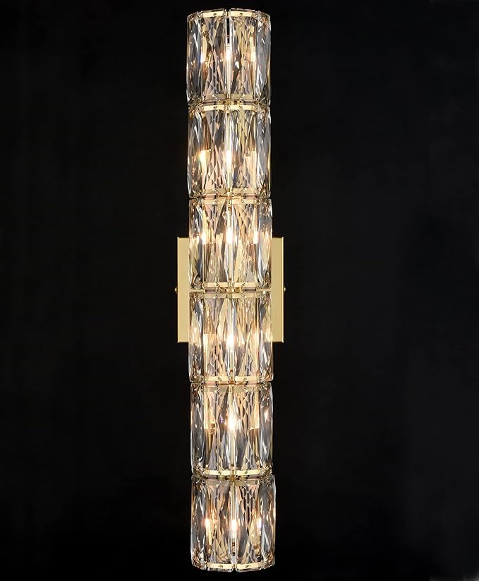 SAMTEEN 23.6-Inch Crystal Wall Sconce Gold Sconces Wall Lighting Mid-Century Modern 6-Light Wall Mount Light Brass Glass Wall Light Fixture for Bathroom Bedroom Hallway - Aura Lighting