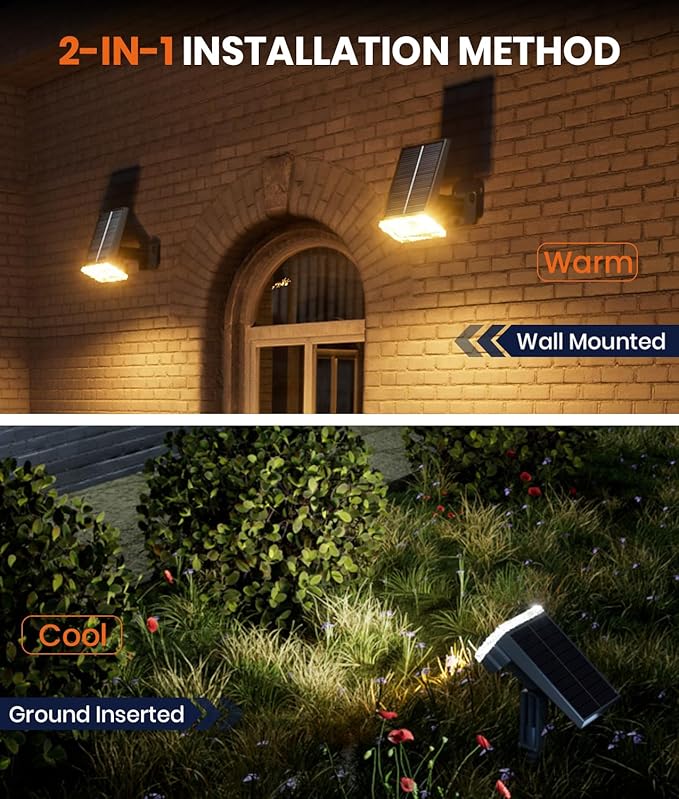 12 Pack Solar Spotlights Outdoor Waterproof IP67,Adjustable Wall&Ground Solar Lights Powered with 3 Colors, 3 Modes, Dusk to Dawn for Pathway/Garden/Yard/Patio/Driveway/Landscape Lighting Outside - Aura Lighting