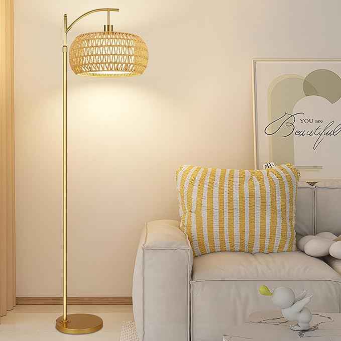 Gold Floor Lamps for Living Room Rattan Boho Floor Lamp with Remote Control & 3 Color Temperature,Dimmable Arc Floor Lamps Brass Standing Lamp Tall Floor Lamp for Bedroom Living Room Corner