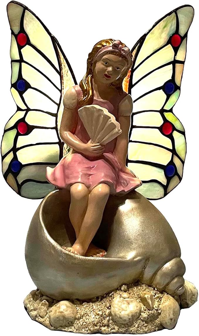 Bieye L10881 Butterfly Girl Sitting on Sea Snail Shell Tiffany Style Stained Glass Accent Table Lamp Night Light for Home Decoration