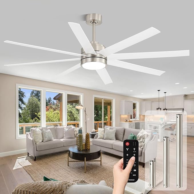72 Inch Ceiling Fans with Lights and Remote for Bedroom Living Room Kitchen Library Cafe Outdoor/Industrial Use, 3CCT Dimmable, 8 Blades 6 Speed Reversible Quiet DC Motor, Sand-nickel/White