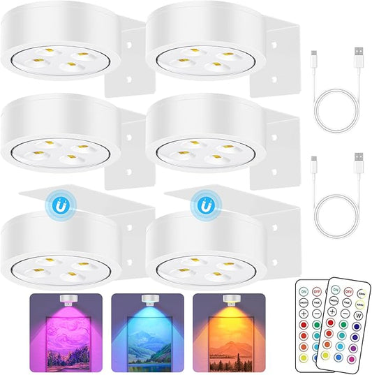 13 RGB Color Changing Led Art Display Light for Picture Frame,Rechargeable Battery Operated Led Painting Light with Remote Control Dimmable & Timer,6Pack White