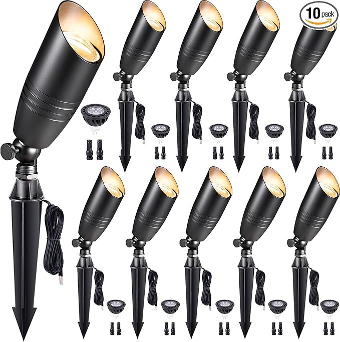 Gardenreet Low Voltage Spotlight LED - 12V Black Outdoor Light Fixture Weather Proof, Brass Landscape Lights Hardwired, Coastal for Flag Sign with Neutral White MR16 Removable Bulbs (10 Pack) - Aura Lighting
