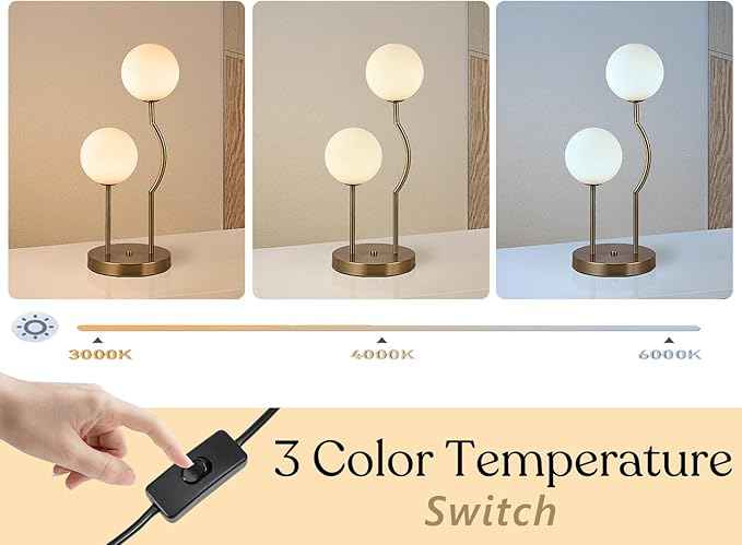 Mid Century Gold Globe Table Lamp 2-Light Orb Modern Beside Desk Table Light with Milk White Glass Shade Metal Base Nightstand Lamp for Bedroom Bedside