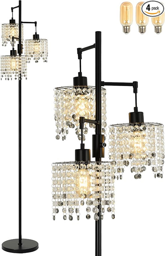 64" Crystal Floor Lamp with 3 Lights, Elegant Crystal Floor Lamp, Modern Standing Lamp, Gold Metal Base, K9 Crystal Beads with Grey Accentsfor Living Room, Bedroom, Office