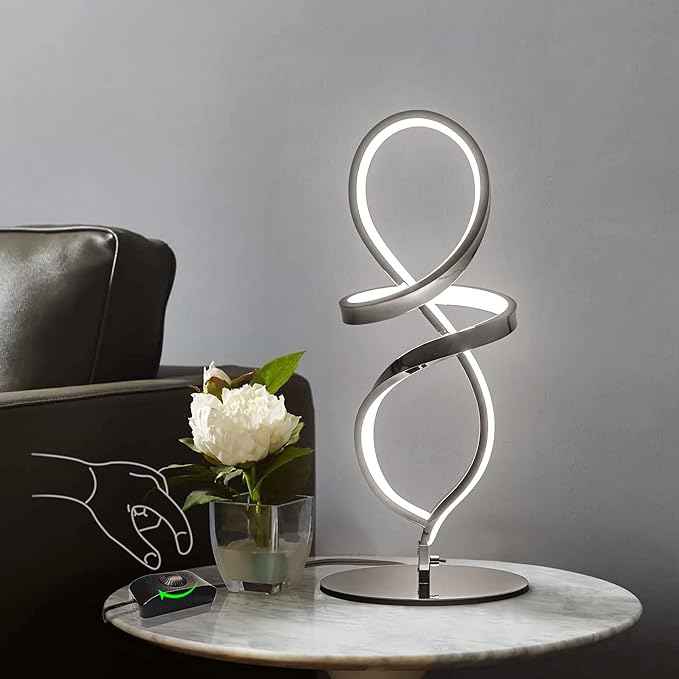 Mayful Modern Lamp with LED Spiral Design, Bedside Lamp with Stepless Dimming Switch, Contemporary Nightstand & Chrome Table Lamp for Bedroom, Living Room, Home Office, 12W 3200K Warm White,2 Pack