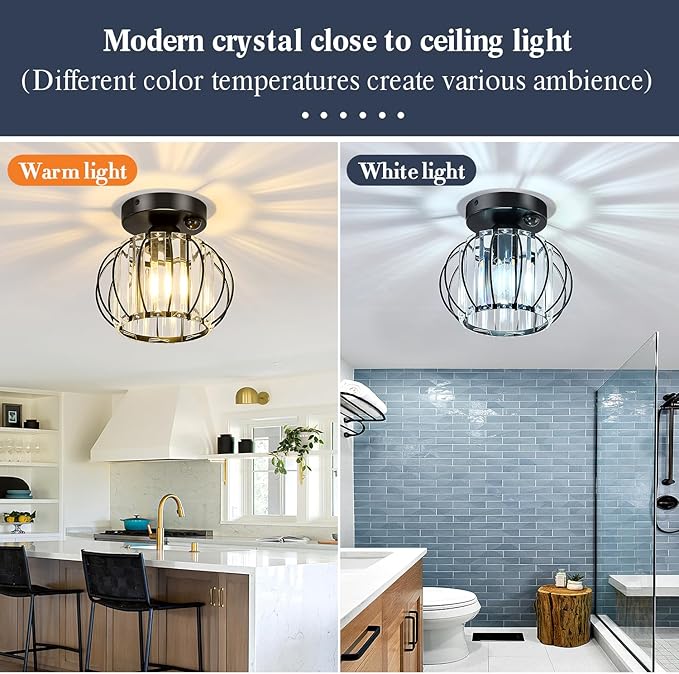 YYJLX Indoor Motion Sensor Ceiling Light Fixture Modern Cryatal Semi Flush Mount Ceiling Light Black Ovrehead Light Fixture for Porch Hallway Front Entryway Kitchen Hall Garage.