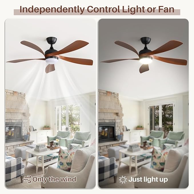 Sofucor 52" Smart Ceiling Fan, Indoor/Outdoor Ceiling Fans with Lights and Remote, Compatible with Alexa/Google/App, 3-Color Light 6-Speed Timing Reversible DC Motor for Bedroom Living Room Patio