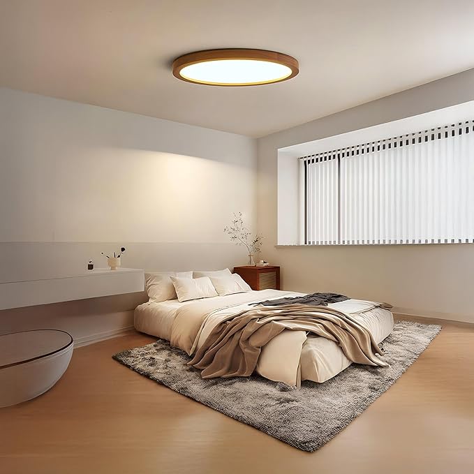 Ultra-Thin LED Ceiling Light Fixture 20.47", Handcrafted Walnut Wood Modern Wabi-Sabi Style, Slim 2.5cm Profile, 37W LED 3000K-4000K-6000K, Round Minimalist Lamp for Bedroom Kitchen Hallway