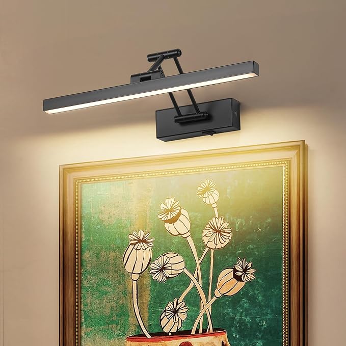 Rechargeable Lights for Pictures on Wall Battery Operated Black 15.7 Inch Wall Lights with Swing Arm and Timer Function Cordless Art Light with Remote Timer for Paintings,Gallery