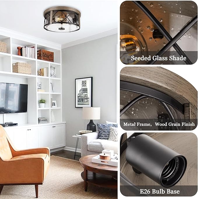 Rustic Close to Ceiling Light Fixtures, Farmhouse Wood Grain Flush Mount Ceiling Lighting, Metal Cage Lighting with Seeded Glass for Home Kitchen Dining Room Bedroom Hallway Entryway Foyer