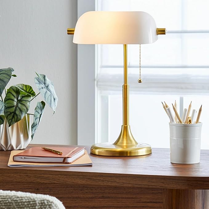 Vintage Bankers Desk Lamp with White Glass Shade, Classic Table Lamp with Pull Chain Switch, Retro Bedside Reading Light for Home Office or Study Room, Gold Metal Base