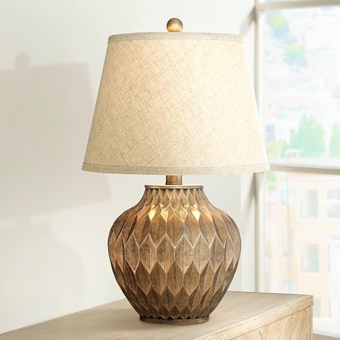 360 Lighting Buckhead Modern Accent Table Lamp with USB Charging Port 22" High Warm Bronze Tapered Drum Shade Decor for Living Room Desk Bedroom House Bedside Nightstand Home Office Family