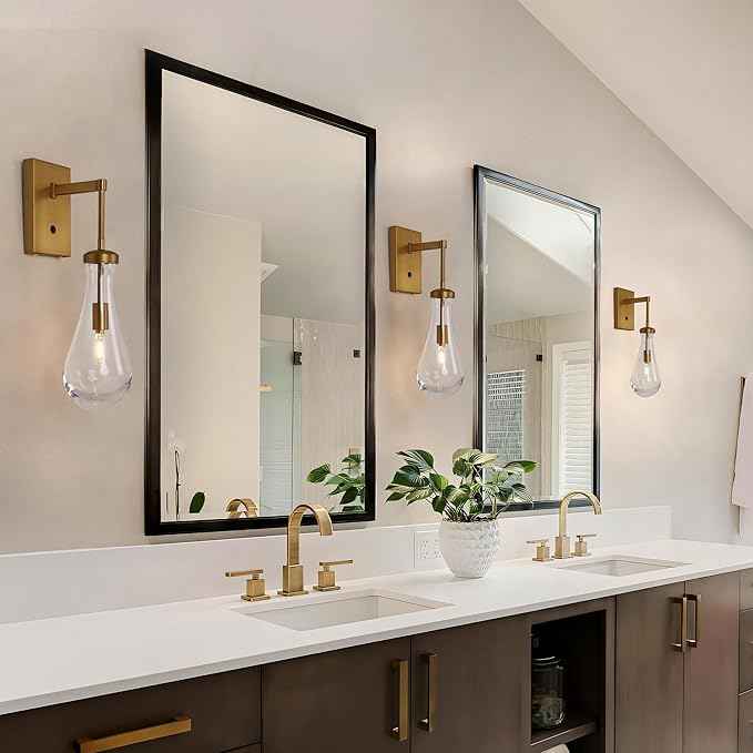 HuisMier Brass Raindrop Wall Sconces, Indoor Wall Sconces with On/Off Switch, Modern Clear Glass Wall Lamp Vanity Light Fixtures for Bathroom Bedroom Living Room Hallway, Hardwired