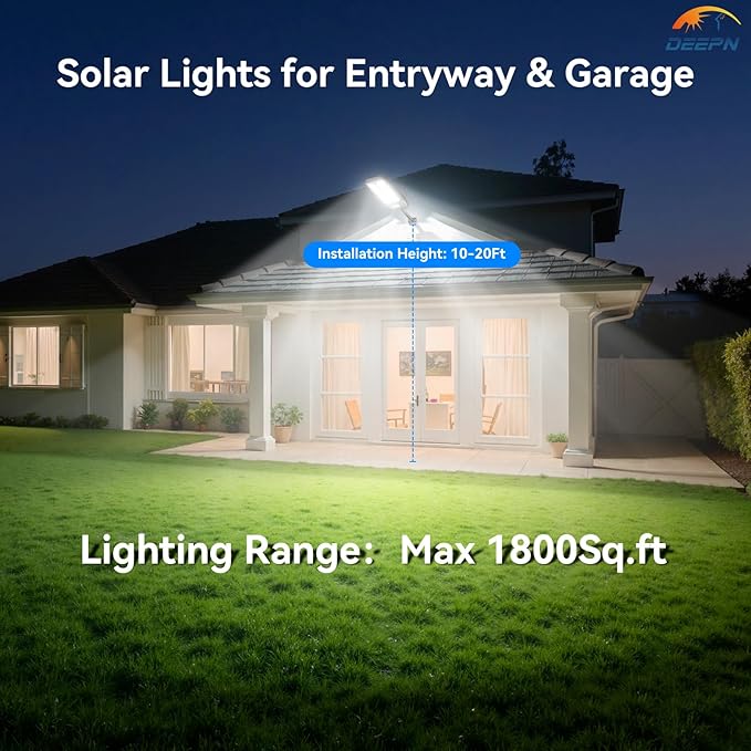 Deepn Solar Lights Outdoor for Outside, IP66 Waterproof Street Lights Outdoor, 6500K Dusk to Dawn LED Solar Security Flood Lights Motion Sensor with Remote Control for Yard, Entryway Garage, Porch