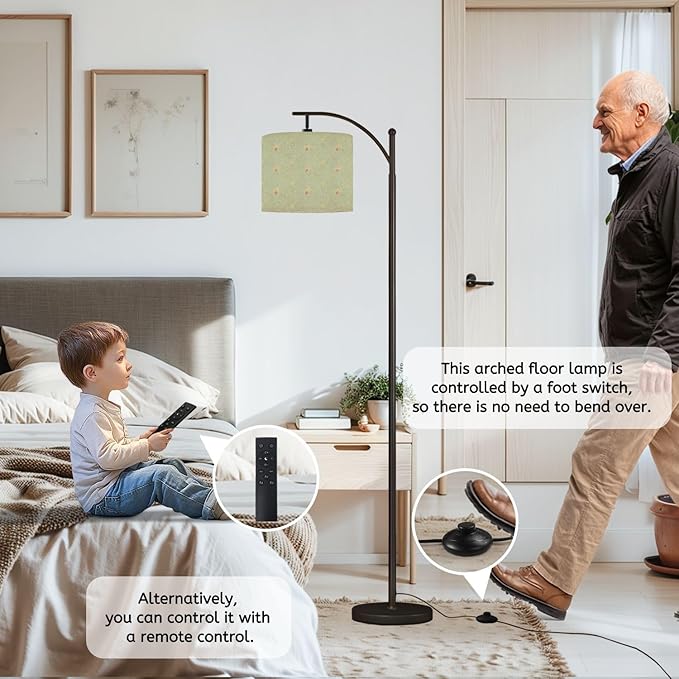 Floor Lamp Elegant Green Fan Delicate Floral Accents Flowers Arc Floor Lamp with Remote Modern Dimmable Standing Lamps for Living Room Bedroom Office Home Room Decor