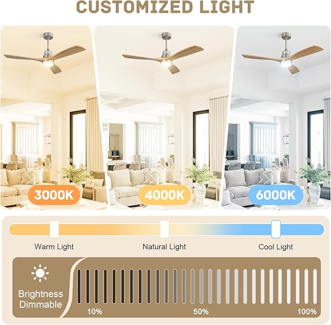 Sofucor 52 Inch Ceiling Fans With Lights, Solid Wood Indoor/Outdoor Ceiling Fan with Lights Remote Control, Reversible DC Motor, 3 Blade Modern Ceiling Fan Light for Bedroom Patio Farmhouse