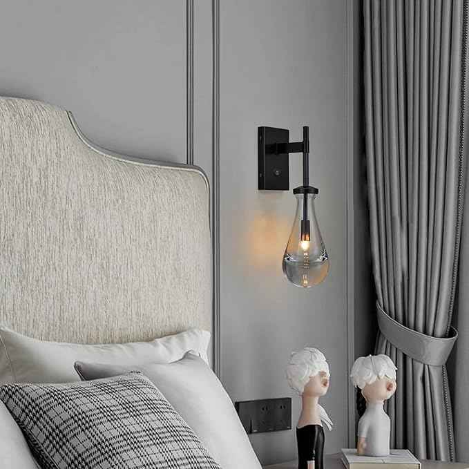 HuisMier Black Wall Sconces, Raindrop Sconces Wall Lighting with On/Off Switch Button, Modern Clear Glass Vanity Light Fixtures Raindrop Wall Sconce for Bathroom Bedroom Living Room Hallway