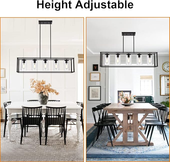 VINLUZ Farmhouse Chandeliers Rectangle Black 5 Light Dining Room Lighting Fixtures Hanging, Kitchen Island Cage Pendant Lights Contemporary Modern Ceiling Light with Glass Shade Adjustable Rods - Aura Lighting