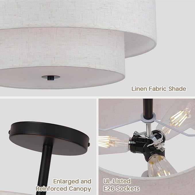18 Inch Large Semi Flush Mount Ceiling Light Fixture with Dual Drum Design, Farmhouse Fabric Linen Shade for Bedroom, Living Room, Kitchen, and Dining - Modern Chandelier Lamp - Aura Lighting