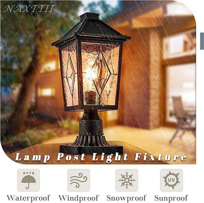 Outdoor Post Lights 16.5 Inch Black Lamp Post Light Fixture Aluminum Column Lighting with Water Ripple Glass E26 Socket Waterproof