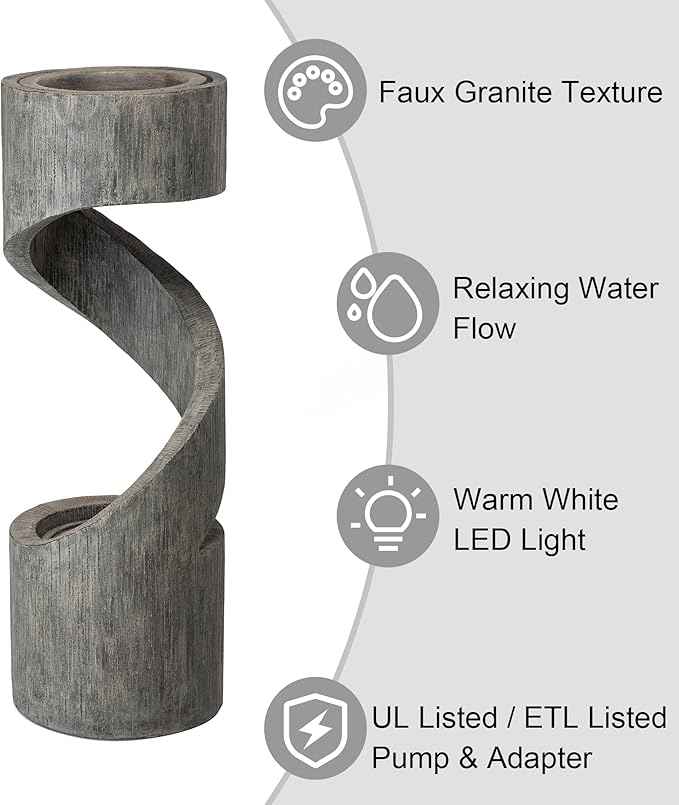 Glitzhome Outdoor Water Fountain with LED Light, Modern Spiral Tiered Outdoor Fountain with Stone Planter, Curved Freestanding Waterfall Fountains for Garden Patio Deck Porch, 40”H