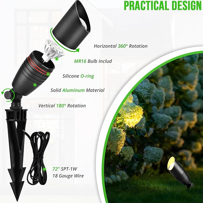 wowlite Low Voltage Spot Lights Outdoor LED 4 Pack, Die-cast Aluminum Landscape Spotlights, Waterproof Black Uplights with MR16 Bulbs Ground Stake for Garden Courtyard Pathway - Aura Lighting