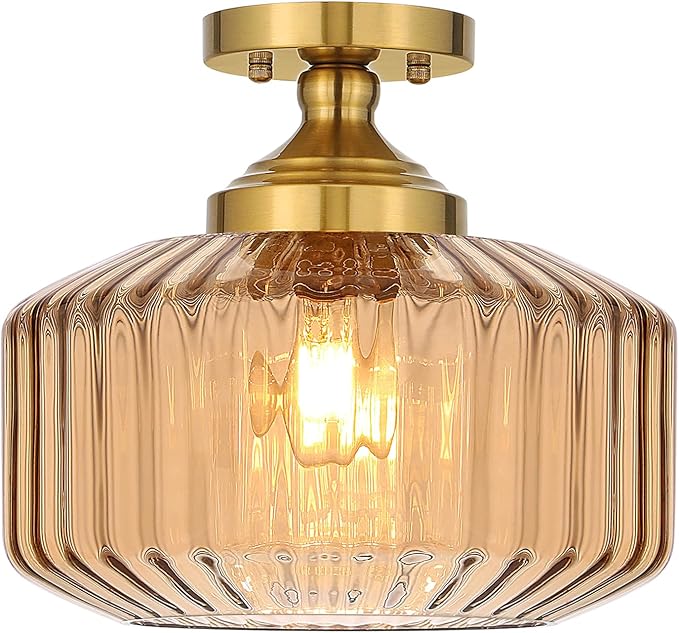 11.8in Semi Flush Mount Ceiling Light Fixture, Vintage Striated Glass Kitchen Lighting Fixtures Ceiling Mount for Entryway Hallway Bedroom Dining Room Bathroom Foyer Laundry (Amber)