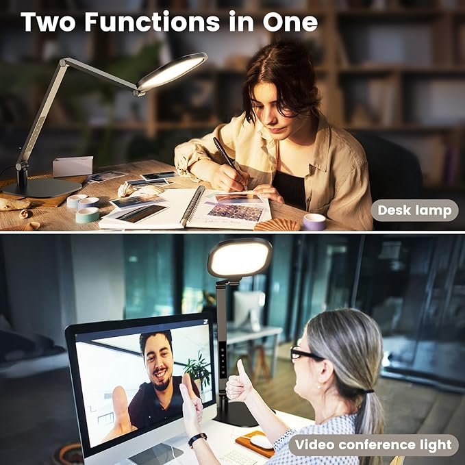 LED Desk Lamp for Home Office, 15W Computer Zoom Lighting with CRI >95, Memory & Timer Function, 1200LM Dimmable Desktop Ring Light for Video Calls, Conference, Reading, Streaming, Study - Aura Lighting