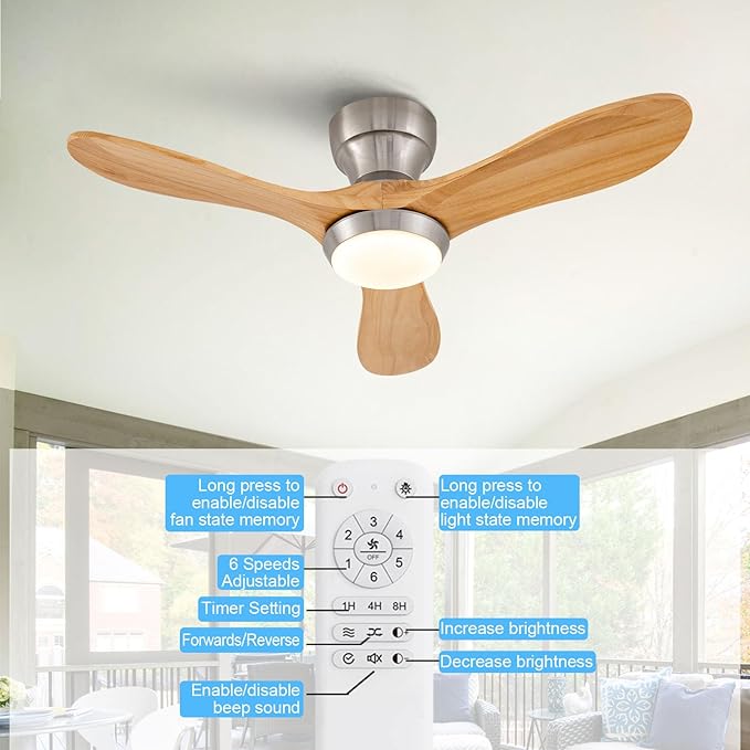36 Inch Wood Flush Mount Ceiling Fans with Lights and Remote, Dimmable 3 Blades Bedroom Ceiling Fan Outdoor Ceiling Fans for Patios Low Profile Ceiling Fan with Light for Living Room