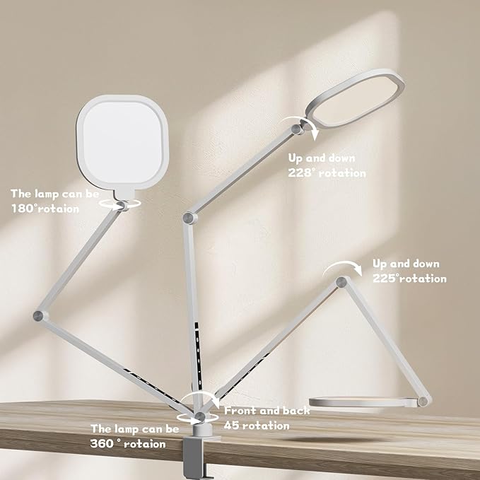 LED Desk Lamp for Home Office, 15W Desk Light with C- Clamp, Swing Arm, Memory & Timer Function, 1200LM Dimmable Computer Light for Video Calls, Conference, Study (White-Clamp) - Aura Lighting