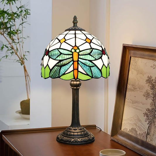 Tiffany Table Lamp Green Dragonfly Stained Glass Bedside Lamp Antique Unique Cute Accent Nightstand Light for Home Living Room Office Dormitory Bar Decorate
