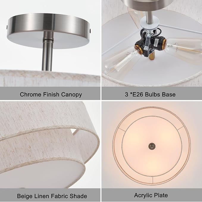 18" Semi Flush Mount Ceiling Light 3-Light Modern Linen Drum Ceiling Lighting with Chrome Finish, Vintage Ceiling Light for Living Room, Kitchen, Basement, Laundry Room, Bedroom - Aura Lighting
