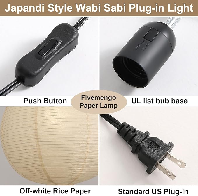 Paper Lantern Lamp Plug in Hanging Lamp 23.6in Off-White Rice Paper Pendant Light with 19.7FT Cord Large Globe Japanese Japandi Wabi Sabi Chandelier for Dining Living Room Bedroom 1 Pack