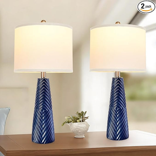 Terpsichore Nightstand Lamp Bedside Lamps Set of 2 Vintage Rustic Farmhouse Table Lamp 3 Way Dimmable Horizontal Stripe Light,for Living Room Bedroom,USB A+C (Blue, High 24 Inch)