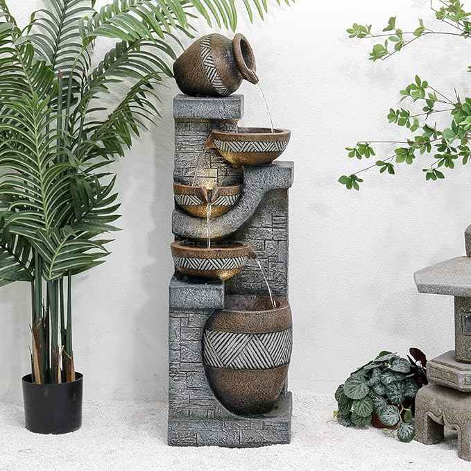 SunJet 5-Tiers Indoor/Outdoor Garden Water Fountain - 42.5inches Modern Floor-Standing Cascading Water Feature - Suitable for Deck, Patio, Porch, Yard Decor