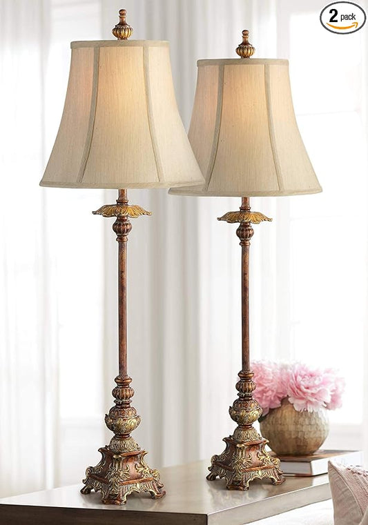 Regency Hill Juliette 36 1/2" Tall Skinny Large Buffet Traditional End Table Lamps Set of 2 Brown Light Bronze Finish Fabric Shade Living Room Bedroom Bedside Nightstand House Office Home Reading