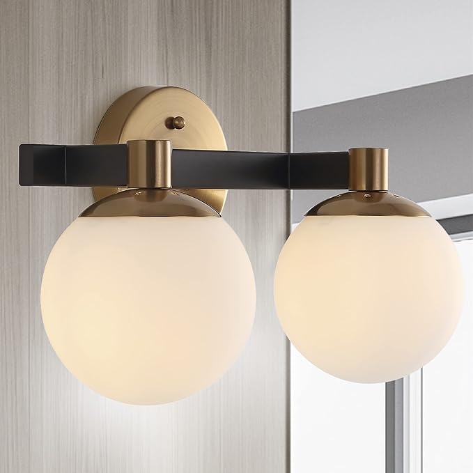 JONATHAN Y 5.75" Brass Gold/Black Modern Globe LED Vanity Wall Sconce Light, White Frosted Glass Shade, Mid-Century Art Deco Wall Lamp for Bathroom, Kitchen, Hallway (JYL3541A)