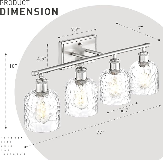 zeyu 27 Inch Bathroom Wall Light Over Mirror, 4-Light Vanity Lighting Fixture, Brushed Nickel Finish with Clear Hammered Glass, ZJF63B-4W BN